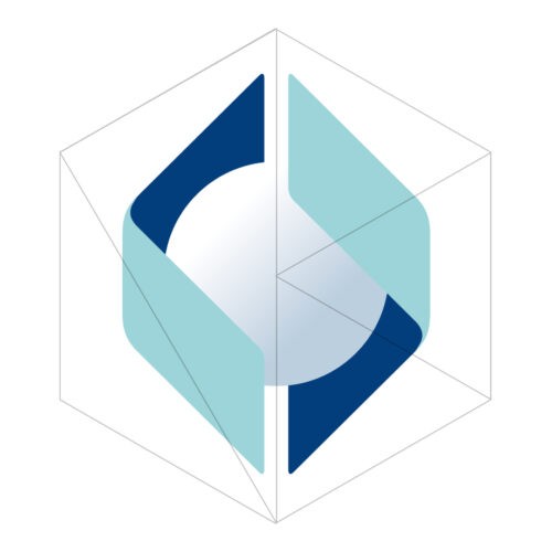 Logo mit einer weißen Kugel und blauen WInkeln